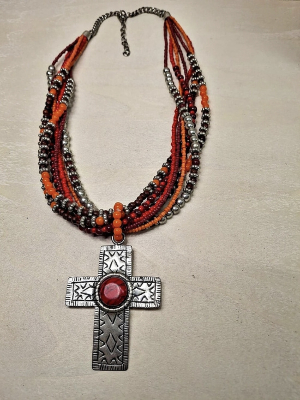 Boho-style Multistrand Cross Pendant Necklace in Red & Orange